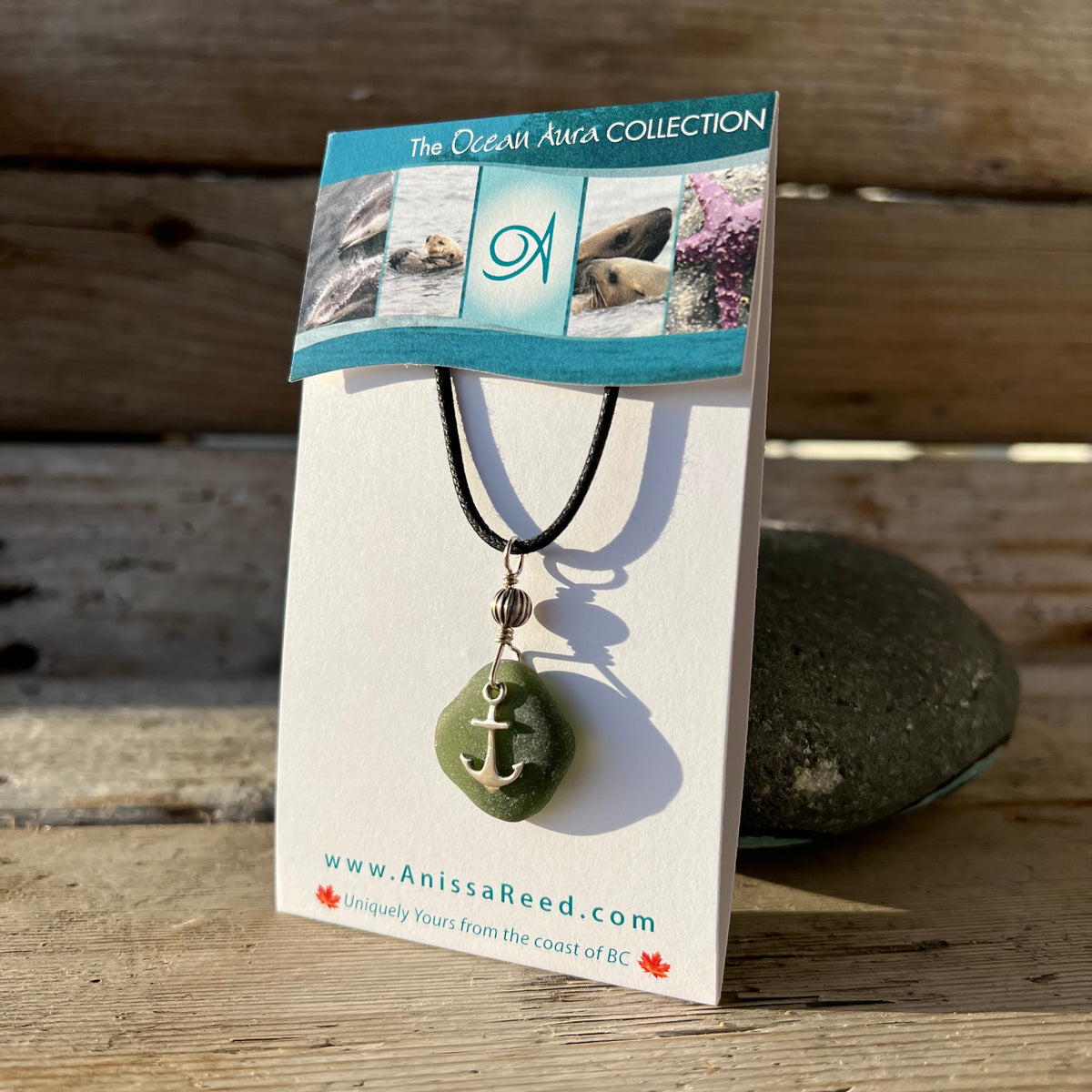 Sea Glass Pendant - Frosted Deep Green with Anchor Charm