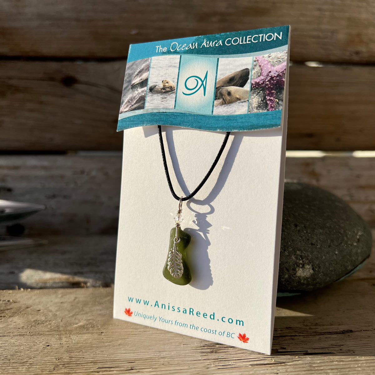 Sea Glass Pendant - Deep Green with Feather Charm