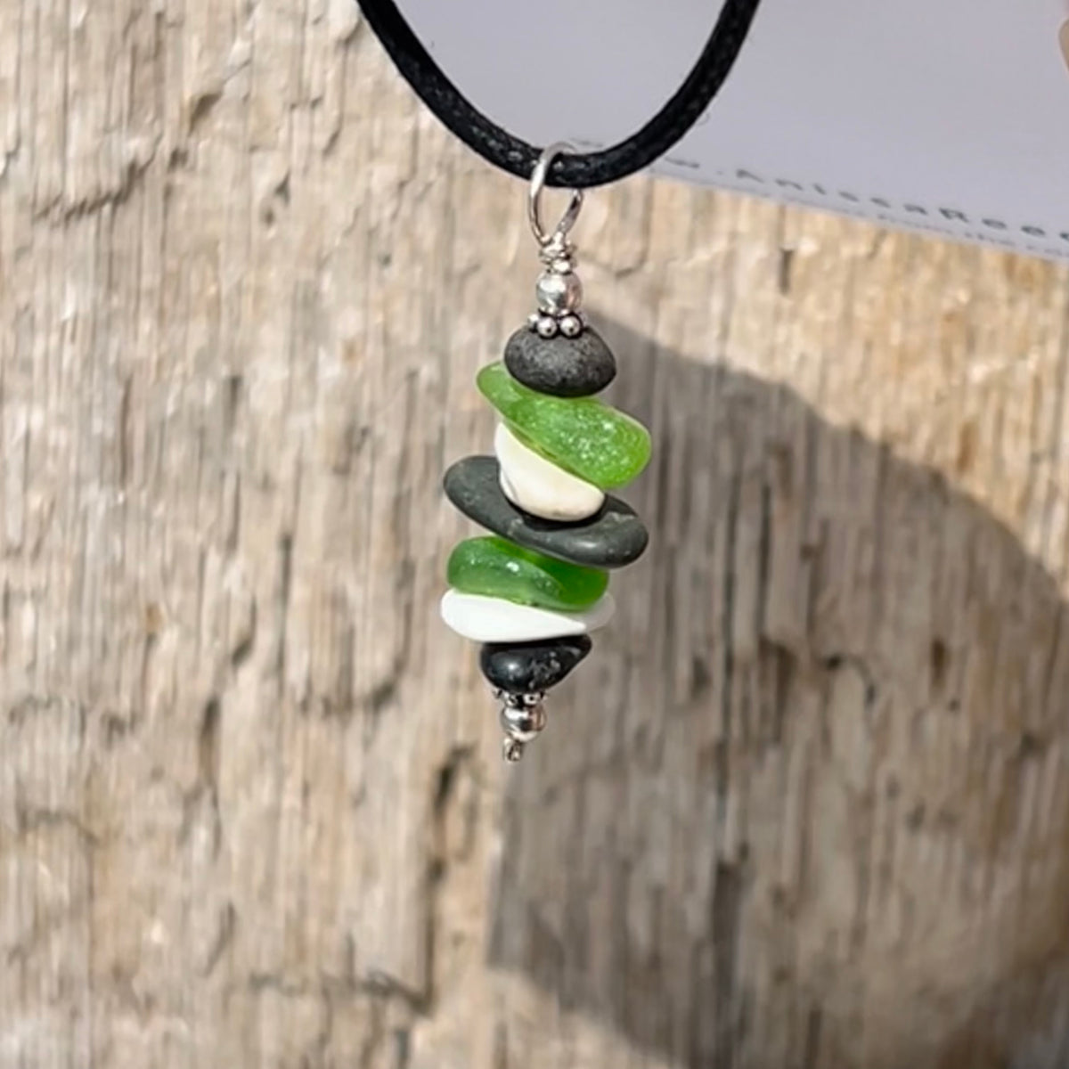 Green Sea Glass, Shell, and Beach Stone Stack Pendant